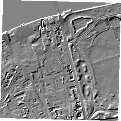 Shaded relief map of the ground around SW114RB, computed from Environment Agency LiDAR. The ground here sits at about 4 m above sea level and falls 9 m across the surrounding 800 m. Surface water reaching this point runs off ground lying to the west-north-west, 0.7 m higher.