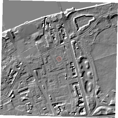 Shaded relief map of the ground around SW114RD, computed from Environment Agency LiDAR. The ground here sits at about 4 m above sea level and falls 9 m across the surrounding 800 m. Surface water reaching this point runs off ground lying to the north-west, 0.7 m higher.