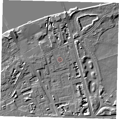 Shaded relief map of the ground around SW114RE, computed from Environment Agency LiDAR. The ground here sits at about 4 m above sea level and falls 9 m across the surrounding 800 m. Surface water reaching this point runs off ground lying to the west-north-west, 1.1 m higher.