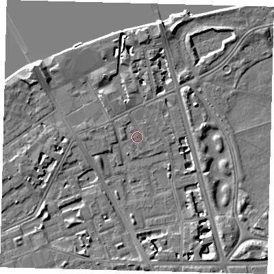 Shaded relief map of the ground around SW114RF, computed from Environment Agency LiDAR. The ground here sits at about 4 m above sea level and falls 9 m across the surrounding 800 m. Surface water reaching this point runs off ground lying to the north-west, 1.1 m higher.