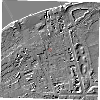 Shaded relief map of the ground around SW114RG, computed from Environment Agency LiDAR. The ground here sits at about 4 m above sea level and falls 9 m across the surrounding 800 m. Surface water reaching this point runs off ground lying to the west-south-west, 3.3 m higher.