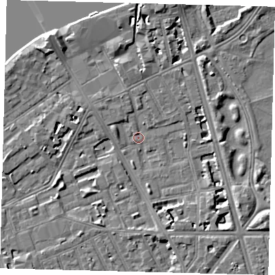 Shaded relief map of the ground around SW114RH, computed from Environment Agency LiDAR. The ground here sits at about 3 m above sea level and falls 9 m across the surrounding 800 m. Surface water reaching this point runs off ground lying to the west-south-west, 3.4 m higher.