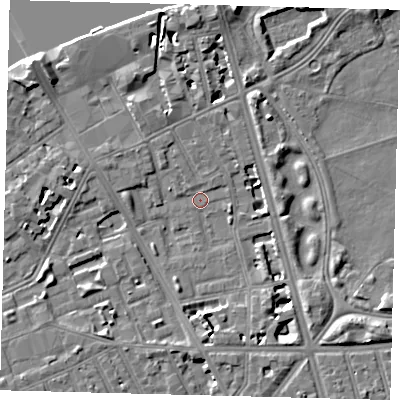 Shaded relief map of the ground around SW114RJ, computed from Environment Agency LiDAR. The ground here sits at about 3 m above sea level and falls 9 m across the surrounding 800 m. Surface water reaching this point runs off ground lying to the north, 8.7 m higher.