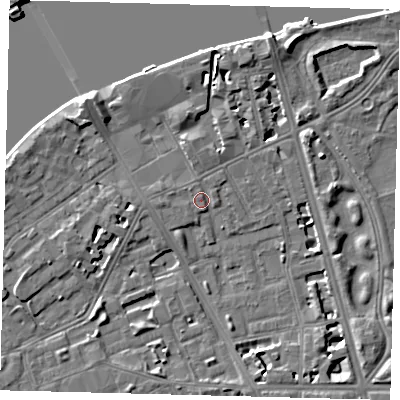 Shaded relief map of the ground around SW114RP, computed from Environment Agency LiDAR. The ground here sits at about 4 m above sea level and falls 9 m across the surrounding 800 m. Surface water reaching this point runs off ground lying to the west, 0.9 m higher.