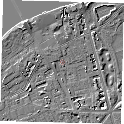 Shaded relief map of the ground around SW114RQ, computed from Environment Agency LiDAR. The ground here sits at about 4 m above sea level and falls 9 m across the surrounding 800 m. Surface water reaching this point runs off ground lying to the west-south-west, 3.4 m higher.