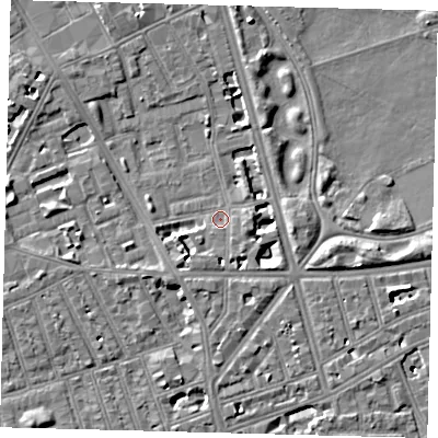 Shaded relief map of the ground around SW114SS, computed from Environment Agency LiDAR. The ground here sits at about 3 m above sea level and falls 7 m across the surrounding 800 m. Surface water reaching this point runs off ground lying to the south-south-west, 3.1 m higher.
