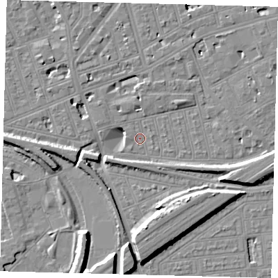 Shaded relief map of the ground around SW115AB, computed from Environment Agency LiDAR. The ground here sits at about 3 m above sea level and falls 11 m across the surrounding 800 m. Surface water reaching this point runs off ground lying to the south, 11.1 m higher.