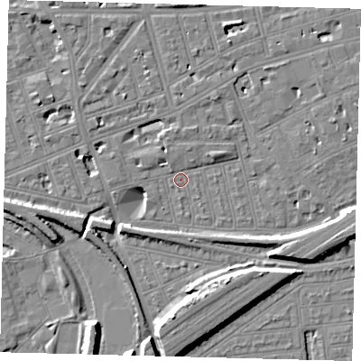 Shaded relief map of the ground around SW115AD, computed from Environment Agency LiDAR. The ground here sits at about 3 m above sea level and falls 11 m across the surrounding 800 m. Surface water reaching this point runs off ground lying to the south, 11.1 m higher.