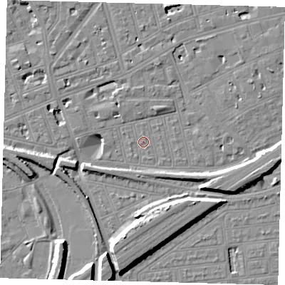 Shaded relief map of the ground around SW115AE, computed from Environment Agency LiDAR. The ground here sits at about 3 m above sea level and falls 11 m across the surrounding 800 m. Surface water reaching this point runs off ground lying to the south, 11.1 m higher.