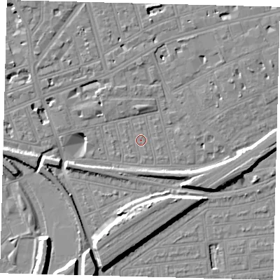 Shaded relief map of the ground around SW115AF, computed from Environment Agency LiDAR. The ground here sits at about 3 m above sea level and falls 11 m across the surrounding 800 m. Surface water reaching this point runs off ground lying to the south-west, 1.9 m higher.