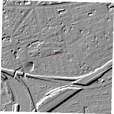 Shaded relief map of the ground around SW115AG, computed from Environment Agency LiDAR. The ground here sits at about 3 m above sea level and falls 11 m across the surrounding 800 m. Surface water reaching this point runs off ground lying to the south-west, 9.6 m higher.