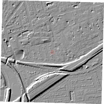 Shaded relief map of the ground around SW115AL, computed from Environment Agency LiDAR. The ground here sits at about 3 m above sea level and falls 11 m across the surrounding 800 m. Surface water reaching this point runs off ground lying to the east-south-east, 7.2 m higher.
