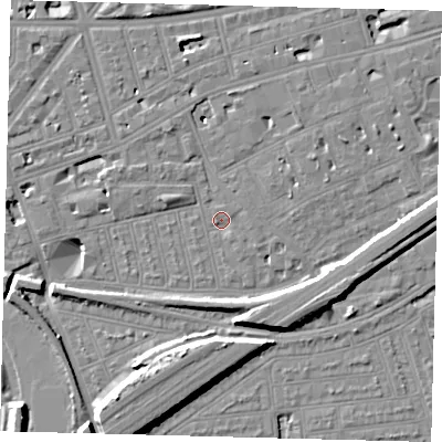 Shaded relief map of the ground around SW115AN, computed from Environment Agency LiDAR. The ground here sits at about 3 m above sea level and falls 11 m across the surrounding 800 m. Surface water reaching this point runs off ground lying to the north-north-west, 5.3 m higher.