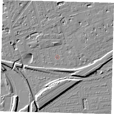 Shaded relief map of the ground around SW115AQ, computed from Environment Agency LiDAR. The ground here sits at about 3 m above sea level and falls 11 m across the surrounding 800 m. Surface water reaching this point runs off ground lying to the east-south-east, 6.6 m higher.