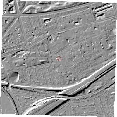 Shaded relief map of the ground around SW115AU, computed from Environment Agency LiDAR. The ground here sits at about 4 m above sea level and falls 12 m across the surrounding 800 m. Surface water reaching this point runs off ground lying to the south-south-west, 0.6 m higher.