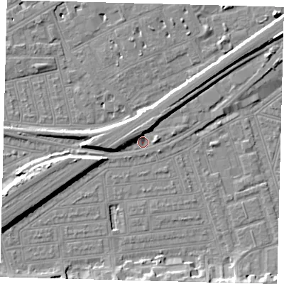 Shaded relief map of the ground around SW115AY, computed from Environment Agency LiDAR. The ground here sits at about 3 m above sea level and falls 11 m across the surrounding 800 m. Surface water reaching this point runs off ground lying to the west-south-west, 7.8 m higher.