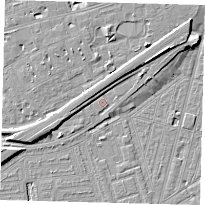 Shaded relief map of the ground around SW115BA, computed from Environment Agency LiDAR. The ground here sits at about 3 m above sea level and falls 9 m across the surrounding 800 m. Surface water reaching this point runs off ground lying to the north-east, 6.1 m higher.