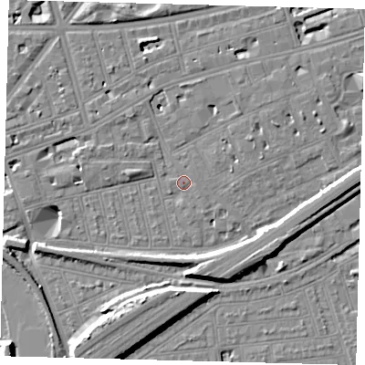 Shaded relief map of the ground around SW115BB, computed from Environment Agency LiDAR. The ground here sits at about 4 m above sea level and falls 11 m across the surrounding 800 m. Surface water reaching this point runs off ground lying to the east-south-east, 1.4 m higher.