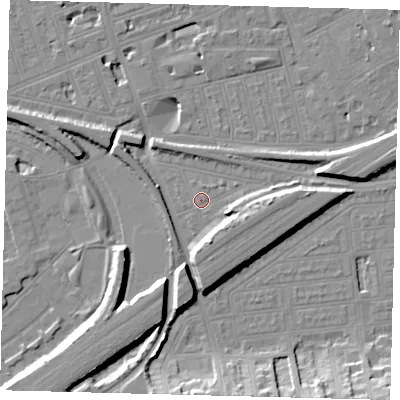 Shaded relief map of the ground around SW115BH, computed from Environment Agency LiDAR. The ground here sits at about 4 m above sea level and falls 14 m across the surrounding 800 m. Surface water reaching this point runs off ground lying to the south-south-east, 0.6 m higher.