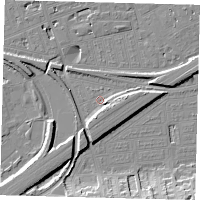 Shaded relief map of the ground around SW115BJ, computed from Environment Agency LiDAR. The ground here sits at about 3 m above sea level and falls 16 m across the surrounding 800 m. Surface water reaching this point runs off ground lying to the south-east, 6.2 m higher.