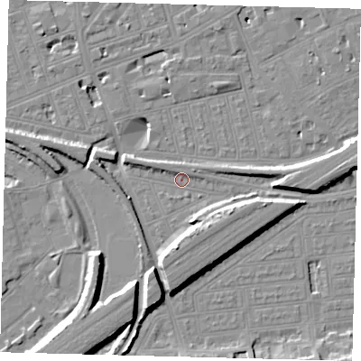 Shaded relief map of the ground around SW115BL, computed from Environment Agency LiDAR. The ground here sits at about 3 m above sea level and falls 11 m across the surrounding 800 m. Surface water reaching this point runs off ground lying to the south-south-east, 4.2 m higher.