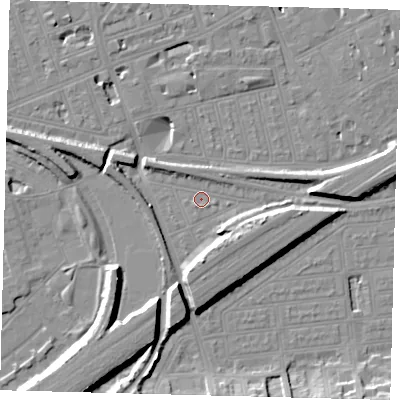 Shaded relief map of the ground around SW115BN, computed from Environment Agency LiDAR. The ground here sits at about 3 m above sea level and falls 11 m across the surrounding 800 m. Surface water reaching this point runs off ground lying to the south-south-east, 4.2 m higher.