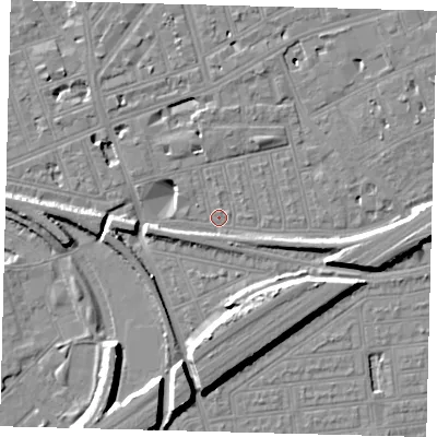 Shaded relief map of the ground around SW115BP, computed from Environment Agency LiDAR. The ground here sits at about 3 m above sea level and falls 11 m across the surrounding 800 m. Surface water reaching this point runs off ground lying to the south, 11.1 m higher.