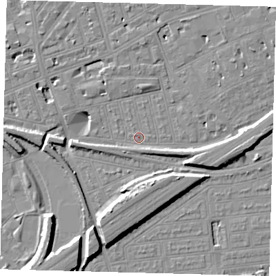Shaded relief map of the ground around SW115BS, computed from Environment Agency LiDAR. The ground here sits at about 3 m above sea level and falls 11 m across the surrounding 800 m. Surface water reaching this point runs off ground lying to the south-south-east, 2.2 m higher.