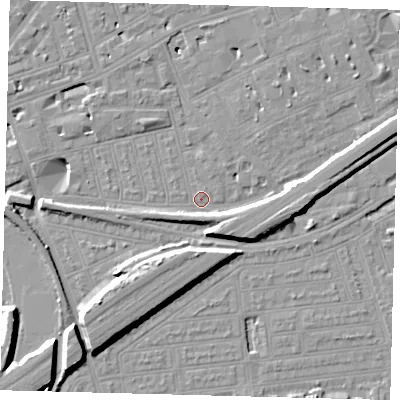 Shaded relief map of the ground around SW115BT, computed from Environment Agency LiDAR. The ground here sits at about 3 m above sea level and falls 11 m across the surrounding 800 m. Surface water reaching this point runs off ground lying to the east, 7.2 m higher.