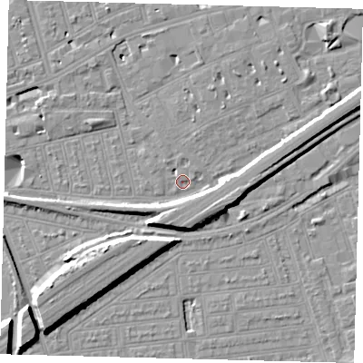 Shaded relief map of the ground around SW115BU, computed from Environment Agency LiDAR. The ground here sits at about 3 m above sea level and falls 11 m across the surrounding 800 m. Surface water reaching this point runs off ground lying to the south-east, 7.2 m higher.