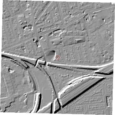 Shaded relief map of the ground around SW115BW, computed from Environment Agency LiDAR. The ground here sits at about 3 m above sea level and falls 11 m across the surrounding 800 m. Surface water reaching this point runs off ground lying to the south, 11.1 m higher.