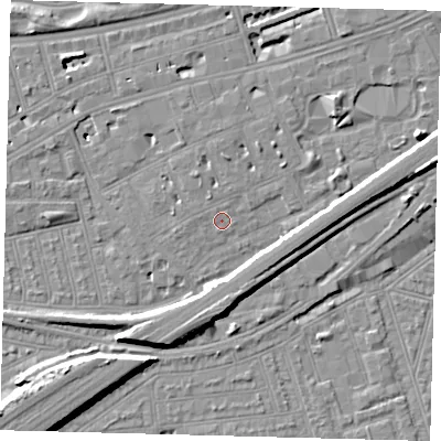 Shaded relief map of the ground around SW115BX, computed from Environment Agency LiDAR. The ground here sits at about 4 m above sea level and falls 11 m across the surrounding 800 m. Surface water reaching this point runs off ground lying to the north-north-west, 0.7 m higher.