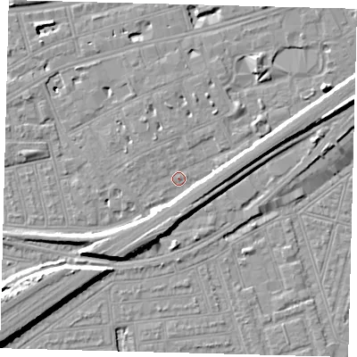 Shaded relief map of the ground around SW115BY, computed from Environment Agency LiDAR. The ground here sits at about 3 m above sea level and falls 10 m across the surrounding 800 m. Surface water reaching this point runs off ground lying to the east-north-east, 4.7 m higher.
