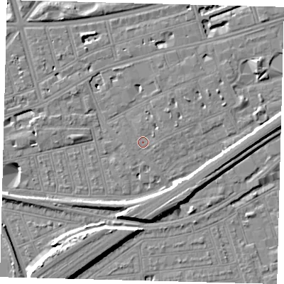 Shaded relief map of the ground around SW115DJ, computed from Environment Agency LiDAR. The ground here sits at about 4 m above sea level and falls 11 m across the surrounding 800 m. Surface water reaching this point runs off ground lying to the north-east, 2.0 m higher.