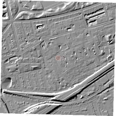 Shaded relief map of the ground around SW115DN, computed from Environment Agency LiDAR. The ground here sits at about 4 m above sea level and falls 11 m across the surrounding 800 m. Surface water reaching this point runs off ground lying to the east, 2.9 m higher.