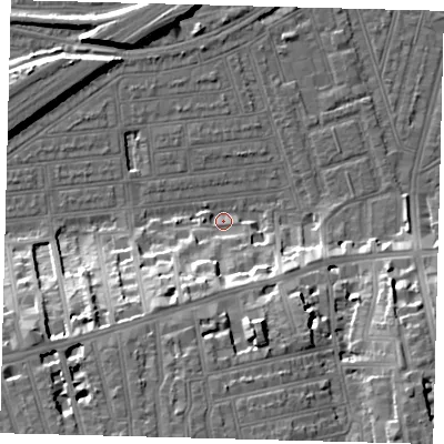 Shaded relief map of the ground around SW115ER, computed from Environment Agency LiDAR. The ground here sits at about 3 m above sea level and falls 19 m across the surrounding 800 m. Surface water reaching this point runs off ground lying to the south-south-west, 18.6 m higher.