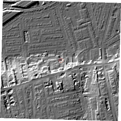 Shaded relief map of the ground around SW115ET, computed from Environment Agency LiDAR. The ground here sits at about 4 m above sea level and falls 20 m across the surrounding 800 m. Surface water reaching this point runs off ground lying to the south-south-west, 18.4 m higher.
