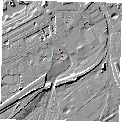 Shaded relief map of the ground around SW115EZ, computed from Environment Agency LiDAR. The ground here sits at about 3 m above sea level and falls 10 m across the surrounding 800 m. Surface water reaching this point runs off ground lying to the north, 1.6 m higher.