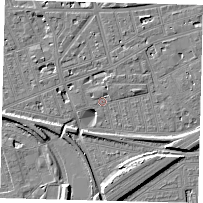 Shaded relief map of the ground around SW115GX, computed from Environment Agency LiDAR. The ground here sits at about 3 m above sea level and falls 11 m across the surrounding 800 m. Surface water reaching this point runs off ground lying to the north-north-east, 3.2 m higher.