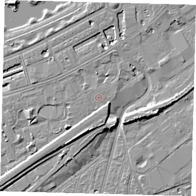 Shaded relief map of the ground around SW115HE, computed from Environment Agency LiDAR. The ground here sits at about 4 m above sea level and falls 9 m across the surrounding 800 m. Surface water reaching this point runs off ground lying to the south-west, 4.8 m higher.