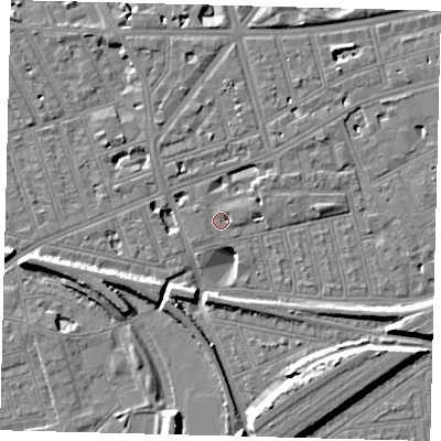 Shaded relief map of the ground around SW115JR, computed from Environment Agency LiDAR. The ground here sits at about 3 m above sea level and falls 11 m across the surrounding 800 m. Surface water reaching this point runs off ground lying to the north-west, 3.2 m higher.