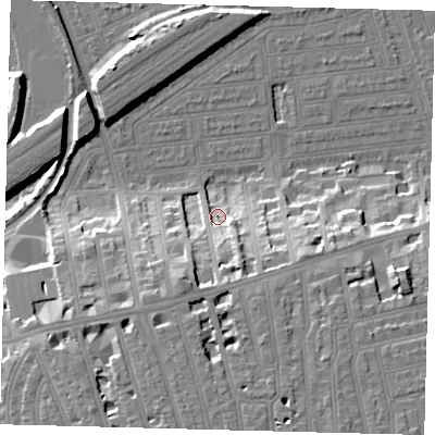 Shaded relief map of the ground around SW115JY, computed from Environment Agency LiDAR. The ground here sits at about 6 m above sea level and falls 20 m across the surrounding 800 m. Surface water reaching this point runs off ground lying to the south, 13.4 m higher.