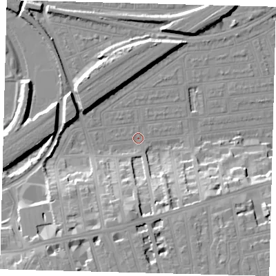 Shaded relief map of the ground around SW115JZ, computed from Environment Agency LiDAR. The ground here sits at about 3 m above sea level and falls 19 m across the surrounding 800 m. Surface water reaching this point runs off ground lying to the south, 17.0 m higher.