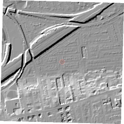 Shaded relief map of the ground around SW115LA, computed from Environment Agency LiDAR. The ground here sits at about 3 m above sea level and falls 20 m across the surrounding 800 m. Surface water reaching this point runs off ground lying to the south, 17.0 m higher.