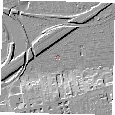 Shaded relief map of the ground around SW115LB, computed from Environment Agency LiDAR. The ground here sits at about 3 m above sea level and falls 20 m across the surrounding 800 m. Surface water reaching this point runs off ground lying to the west, 0.7 m higher.