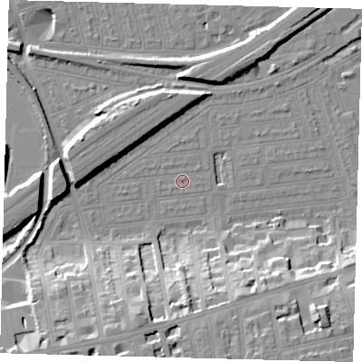 Shaded relief map of the ground around SW115LD, computed from Environment Agency LiDAR. The ground here sits at about 3 m above sea level and falls 20 m across the surrounding 800 m. Surface water reaching this point runs off ground lying to the north, 0.9 m higher.