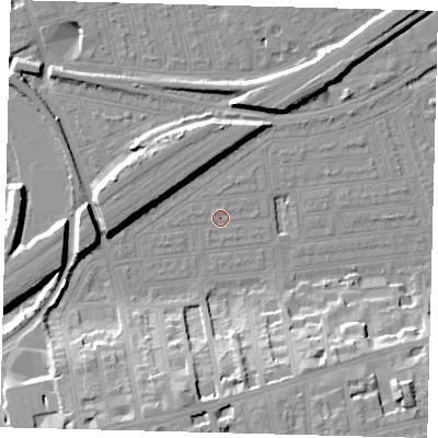 Shaded relief map of the ground around SW115LE, computed from Environment Agency LiDAR. The ground here sits at about 3 m above sea level and falls 20 m across the surrounding 800 m. Surface water reaching this point runs off ground lying to the west-south-west, 0.9 m higher.
