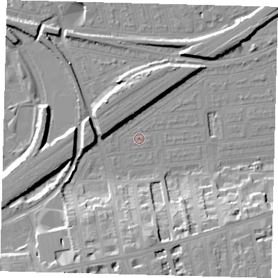 Shaded relief map of the ground around SW115LF, computed from Environment Agency LiDAR. The ground here sits at about 3 m above sea level and falls 20 m across the surrounding 800 m. Surface water reaching this point runs off ground lying to the south, 0.6 m higher.