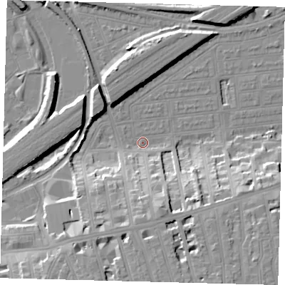 Shaded relief map of the ground around SW115LG, computed from Environment Agency LiDAR. The ground here sits at about 3 m above sea level and falls 19 m across the surrounding 800 m. Surface water reaching this point runs off ground lying to the south-south-east, 17.0 m higher.