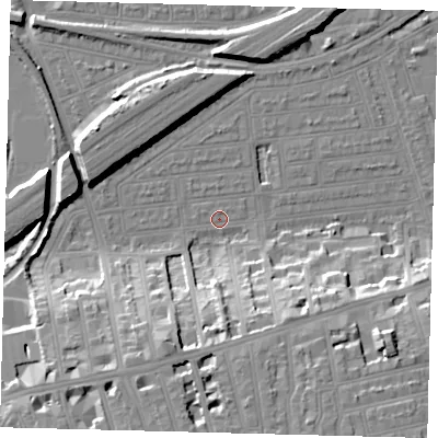 Shaded relief map of the ground around SW115LH, computed from Environment Agency LiDAR. The ground here sits at about 3 m above sea level and falls 19 m across the surrounding 800 m. Surface water reaching this point runs off ground lying to the south-south-west, 17.3 m higher.